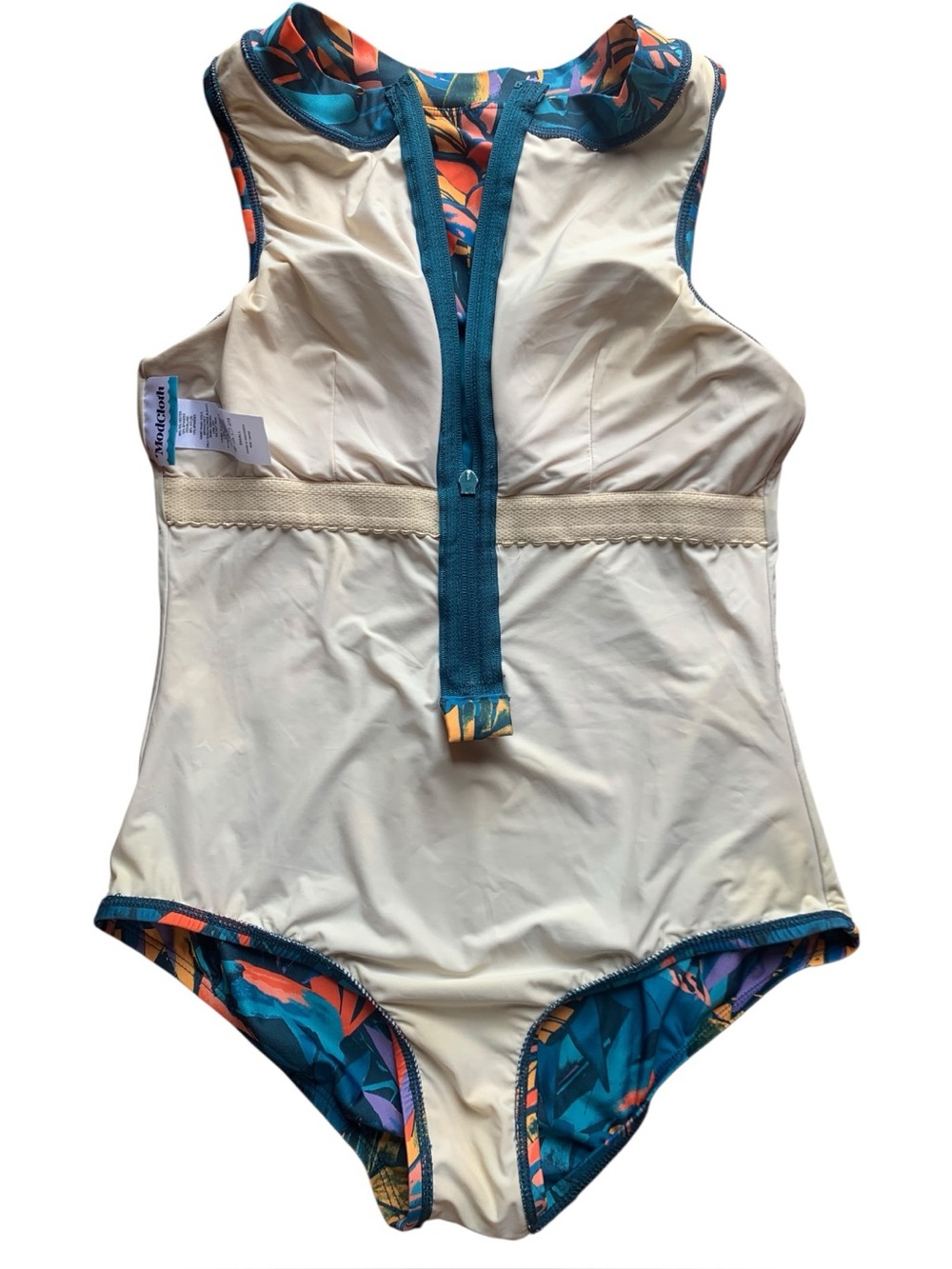 ModCloth Teal Tropical Print One-Piece Zipper Swimsuit Modest Classic Hip Small - Picture 6 of 7